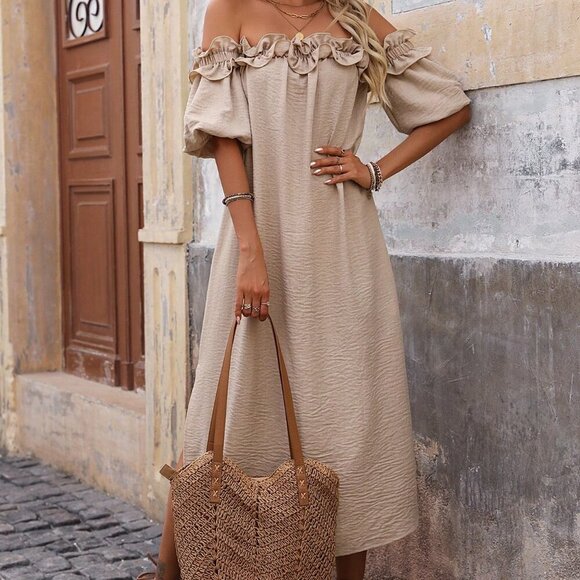 Dresses & Skirts - Khaki Casual Women's Off Shoulder Ruffle Trim Slit Dress